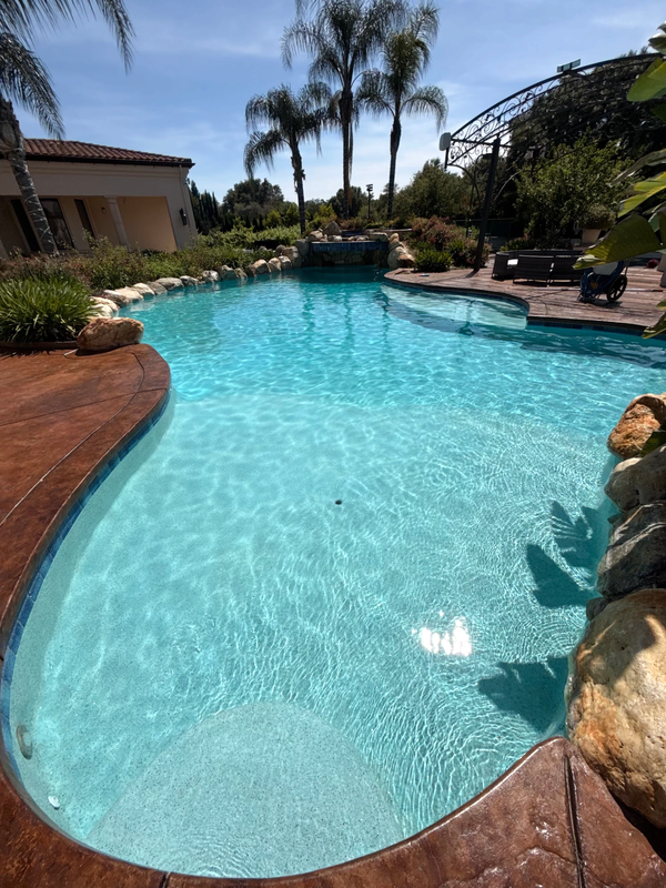 Freeform pool with clear water, a rock waterfall, palm trees, and a concrete deck