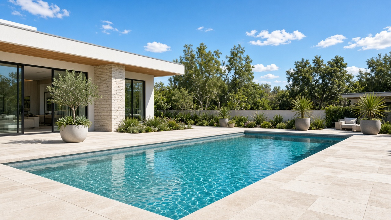 Sparkling clean modern backyard swimming pool with crystal clear water
