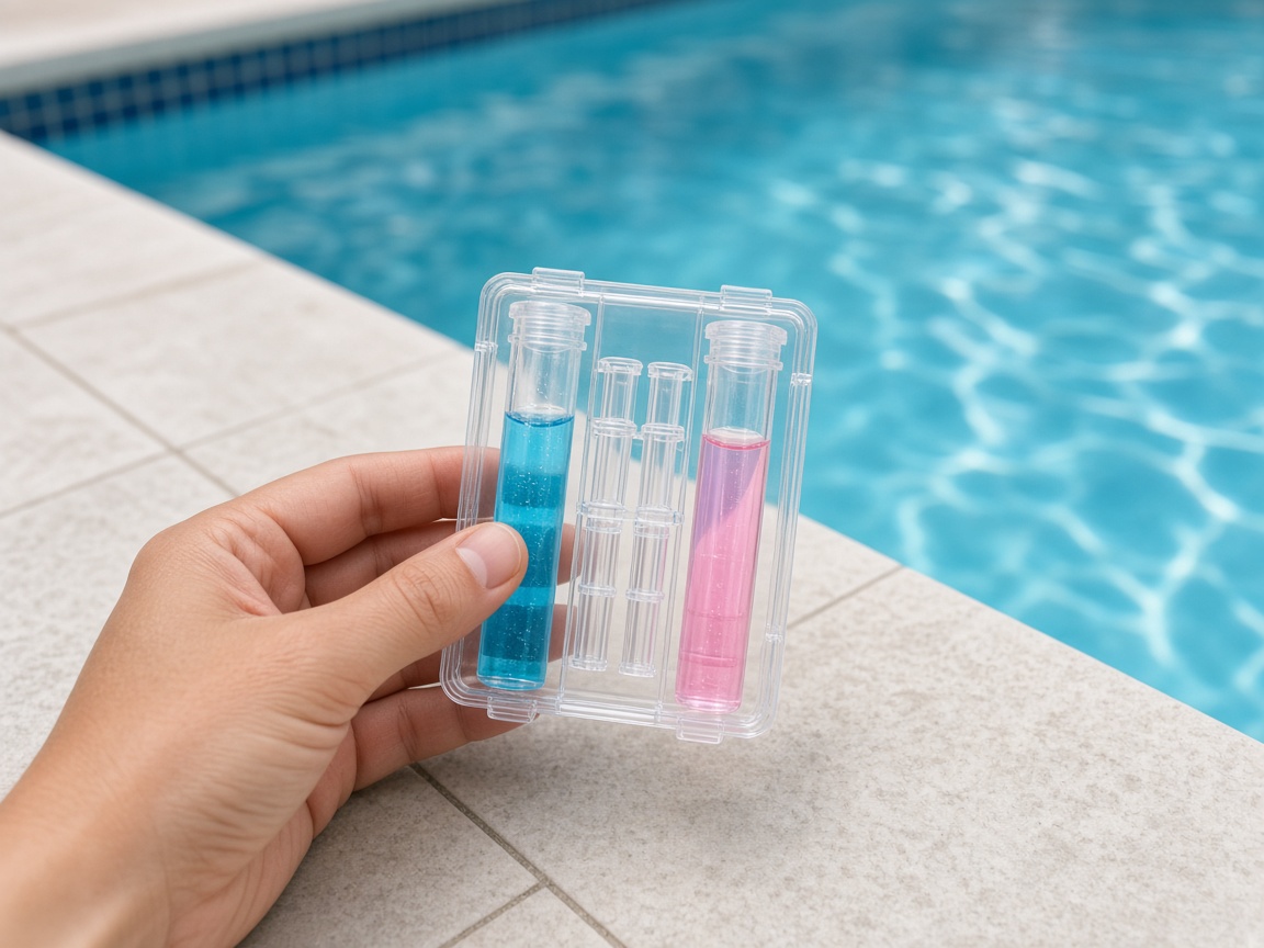 Pool water test kit with blue and pink test vials poolside