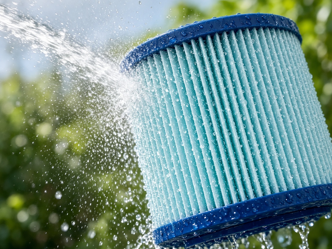 Pool filter cartridge being rinsed clean with water