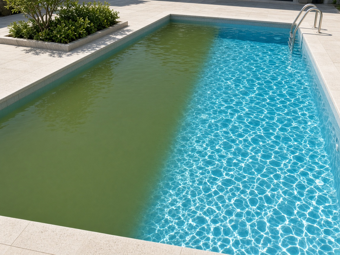 A pool transforming from murky green algae water into crystal-clear blue water
