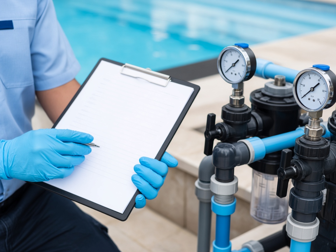 Technician inspecting pool equipment gauges with a checklist