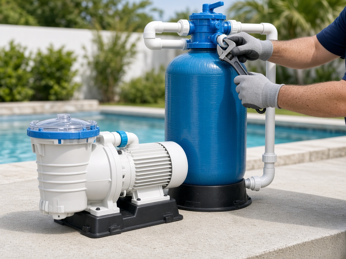 Technician servicing a pool pump and filter with a wrench