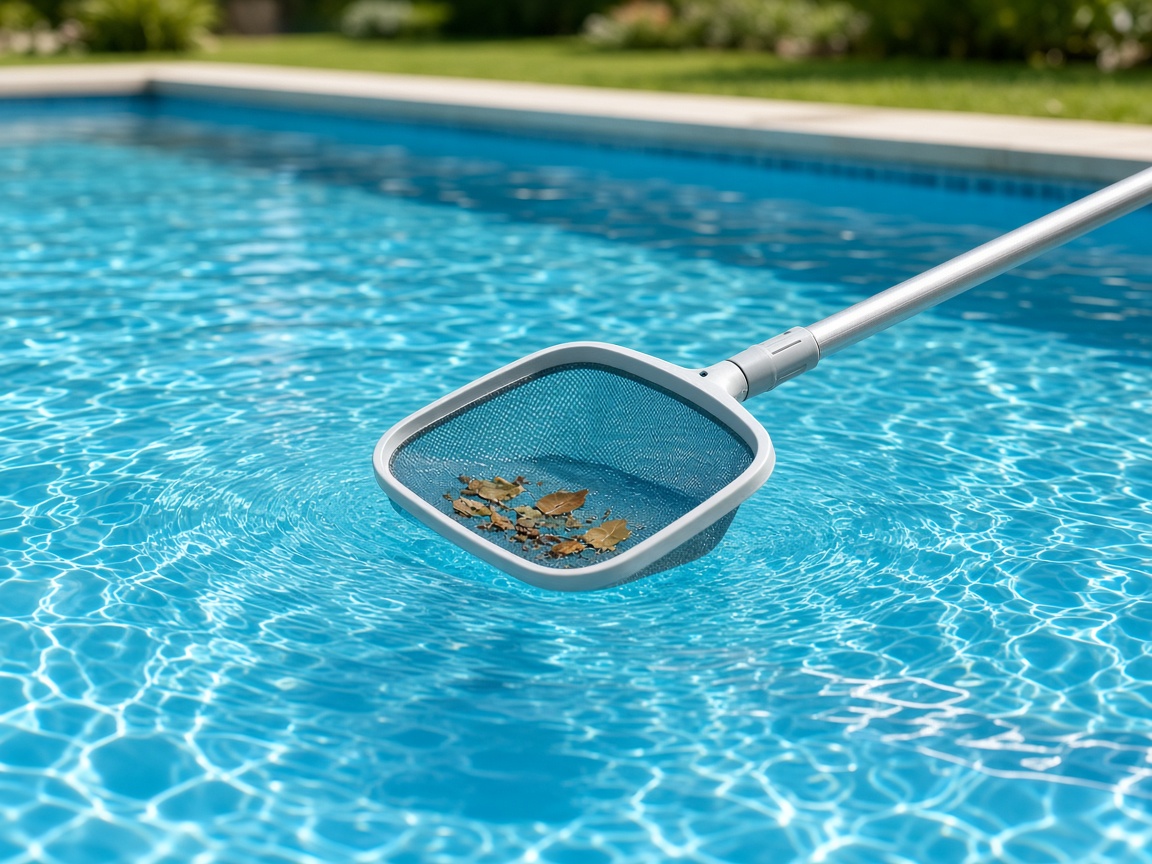 Skimmer net gliding across a sparkling clean pool